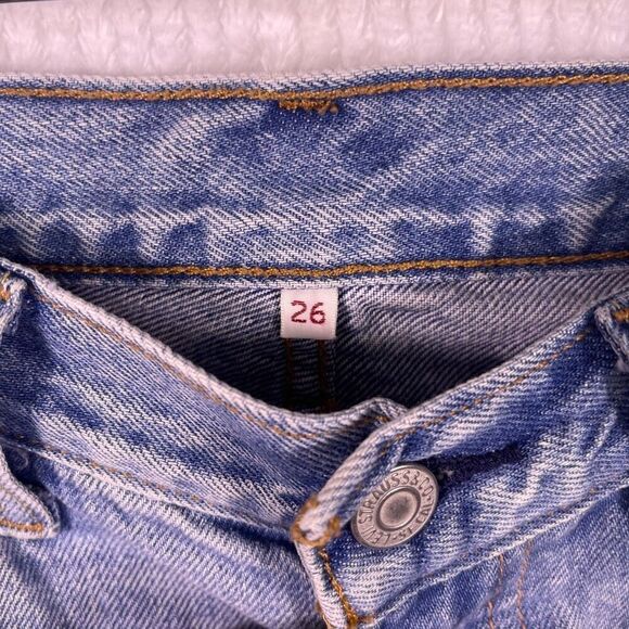 Levi's Blue Rhinestone Strip Trim Deconstructed Cut Off Pencil Denim Skirt Sz 26 - Picture 4 of 10